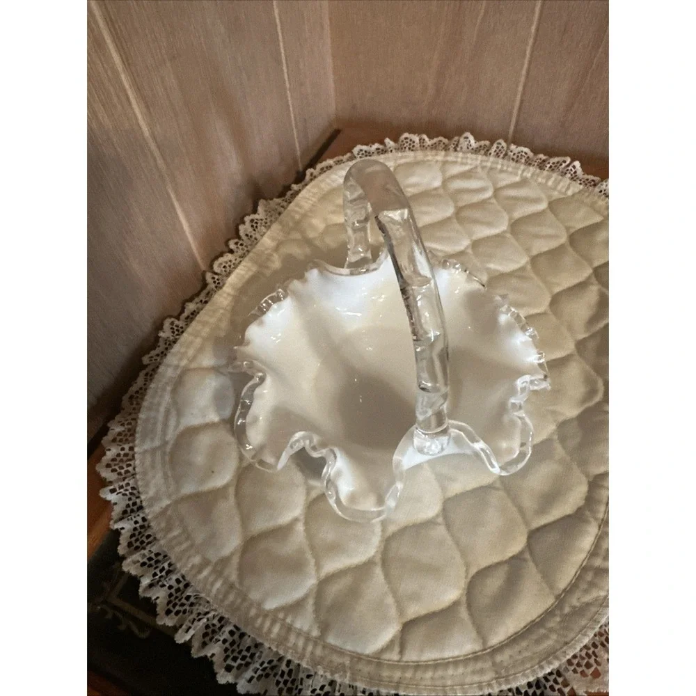 FENTON Milk Glass Silver Crest LARGE Ruffled Spanish Lace Brides Basket